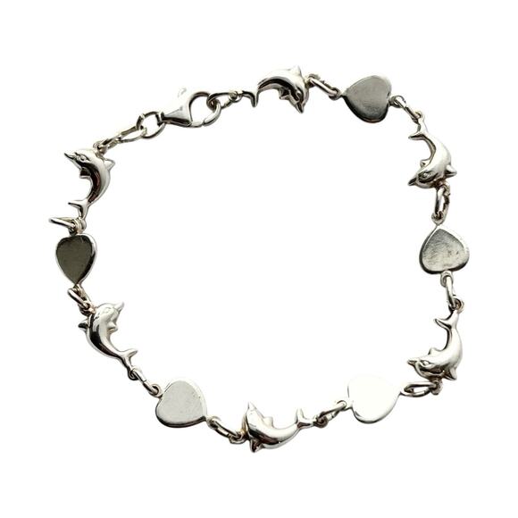 .925 Sterling Silver Puffed Dolphin & Hearts Link Bracelet, Italy 7” - Picture 1 of 5